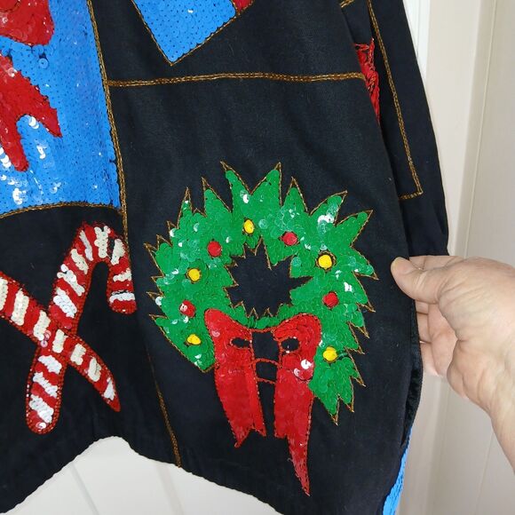 VINTAGE MODI DENIM Sequin Christmas Holiday Ugly Sweater Jacket L 10/12 80s 90s - Picture 15 of 16